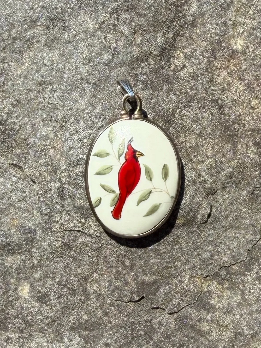 Vintage Sterling Ceramic Red Cardinal Oval Pendant Charm